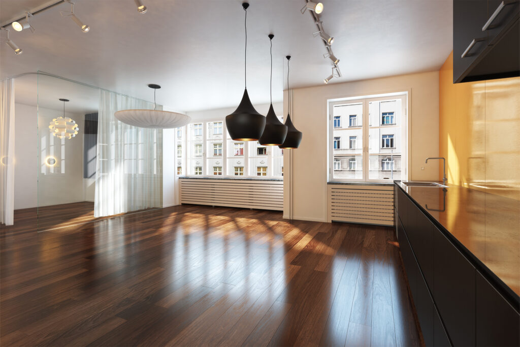 A city flat with a dark coloured engineered wood floor.