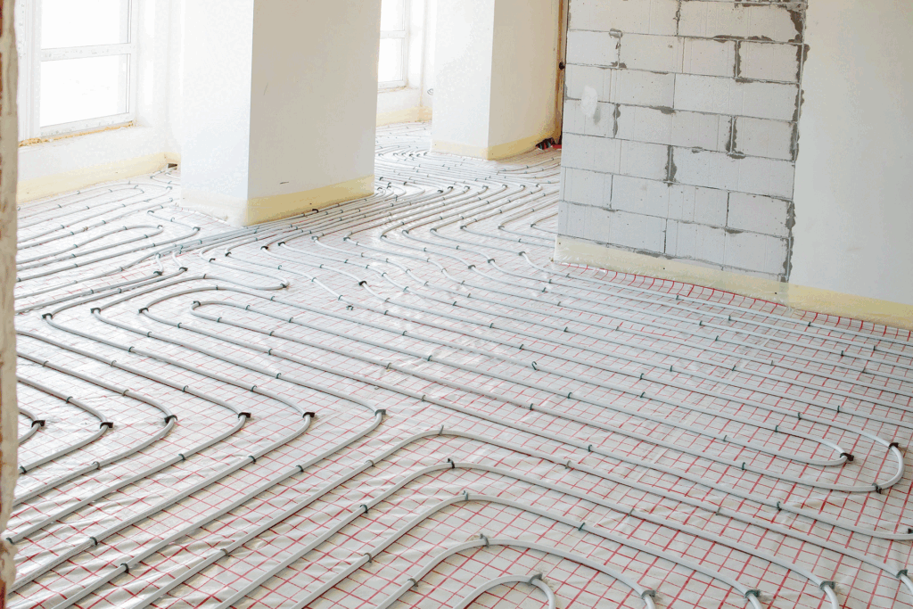 Underfloor heating pipes being installed in a home renovation project.
