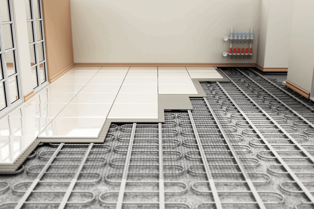 Underfloor heating in the process of being laid beneath tiles.